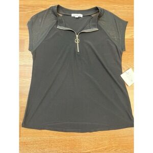 Perseption Concept Short Sleeve Zip Collar Blouse Black Size Small NEW